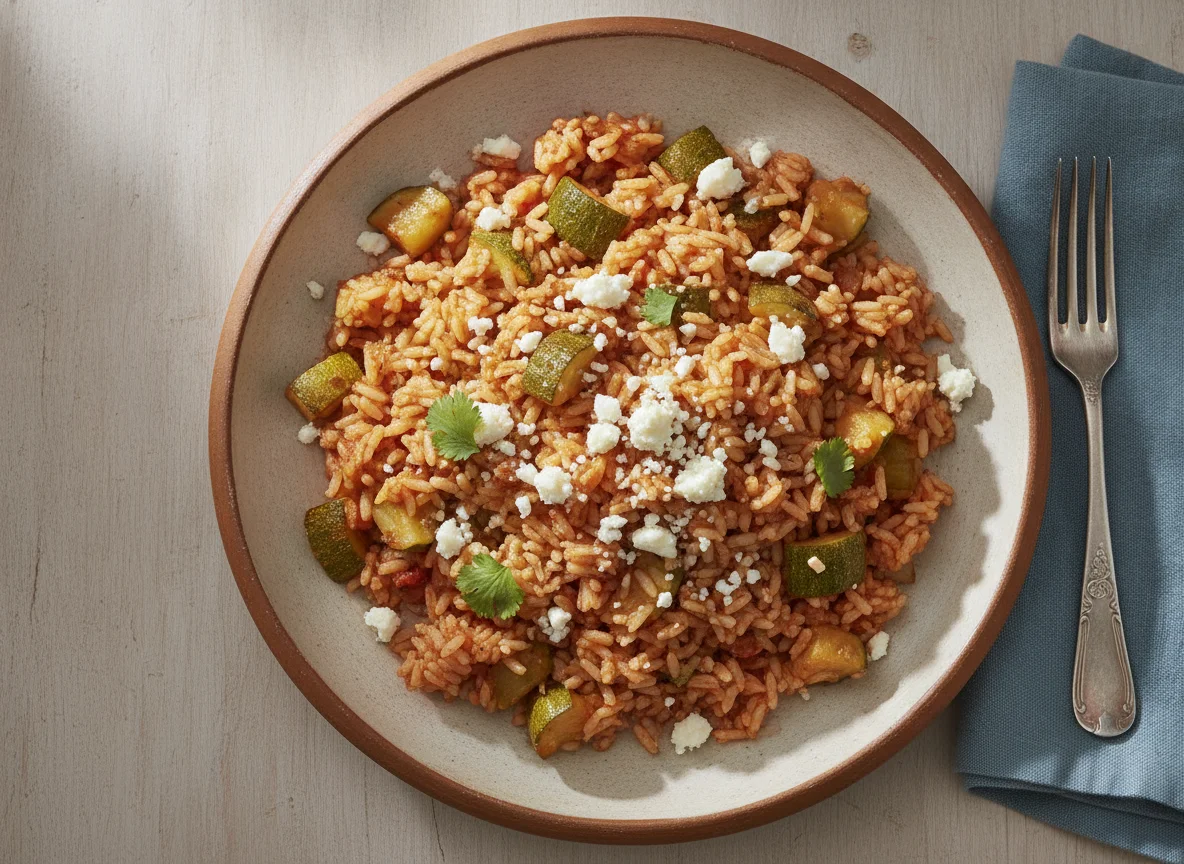 Arroz rojo con calabacitas guisadas y queso photo