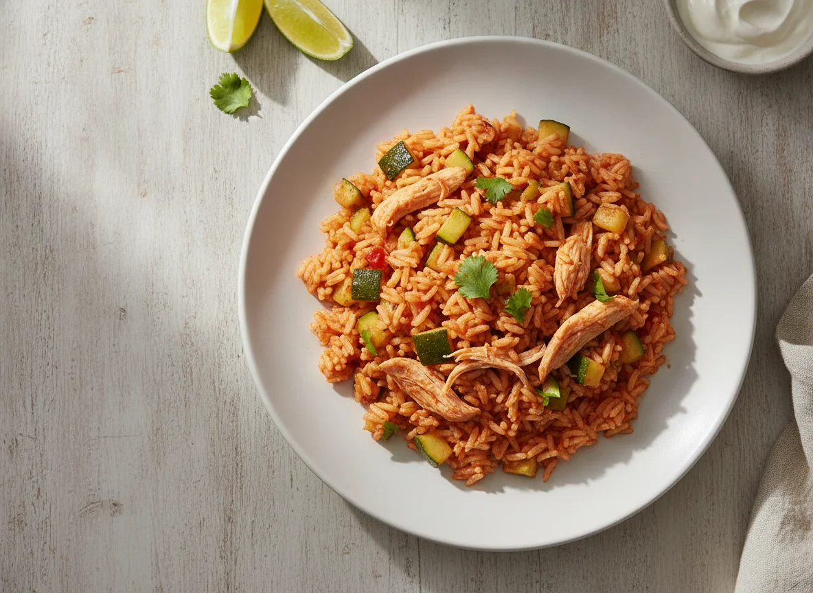 Arroz rojo con calabacitas y pollo photo