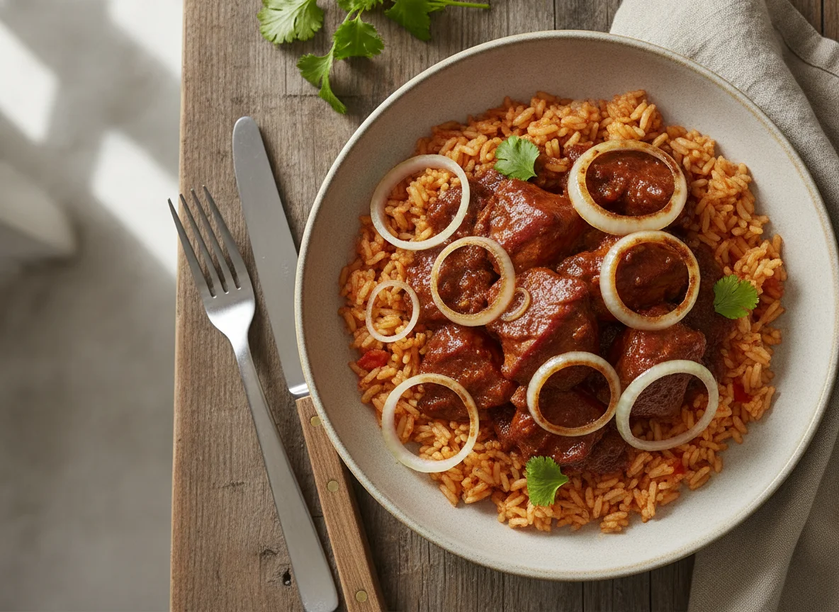 Arroz rojo con carne en salsa photo