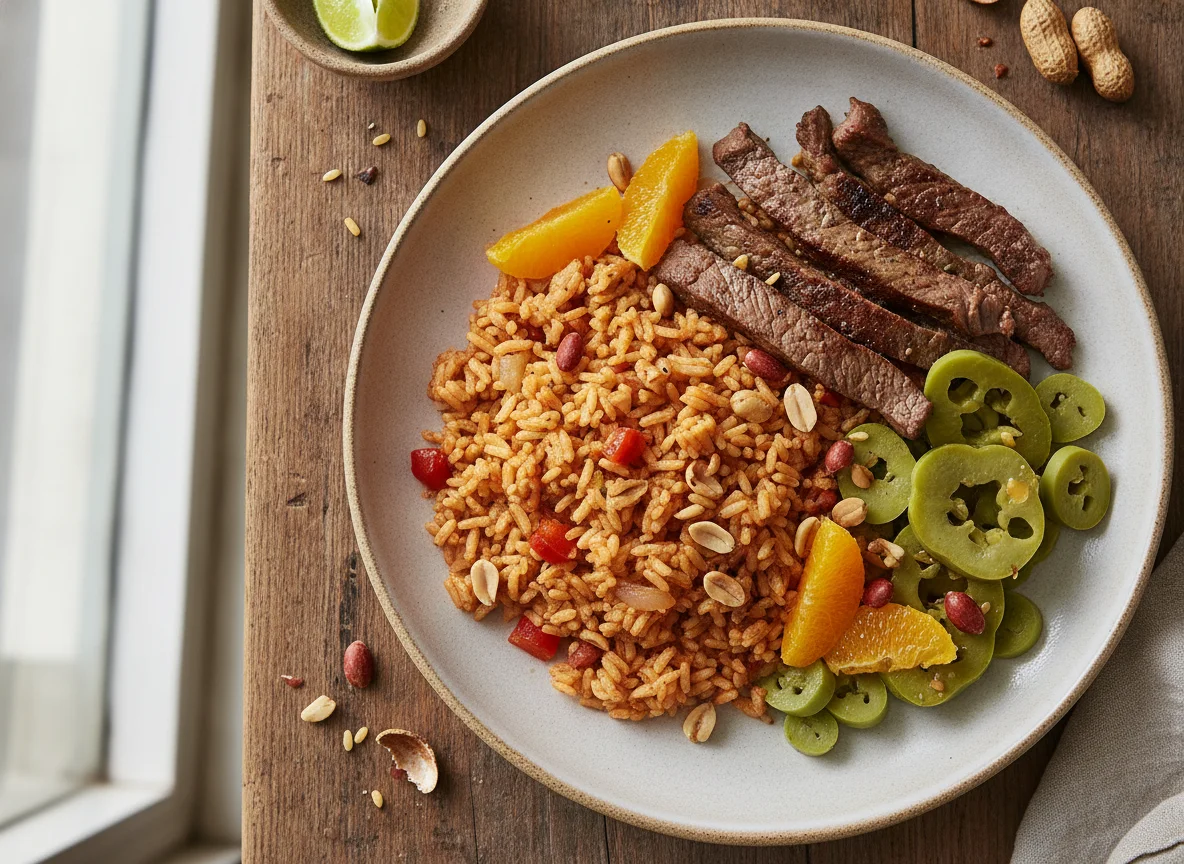Arroz rojo con carne, nopales, naranja y cacahuates photo