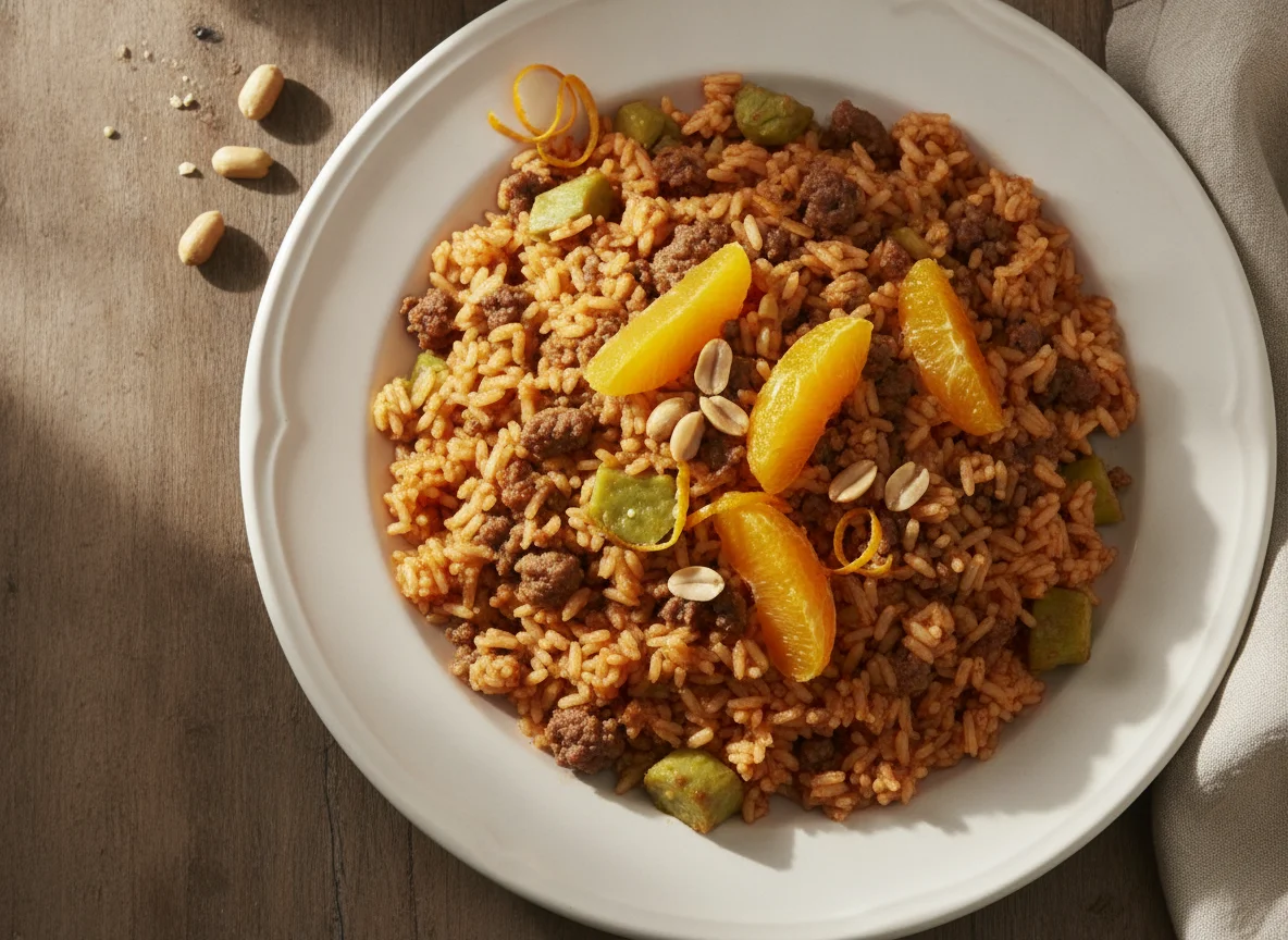 Arroz rojo con carne, nopales y naranja photo