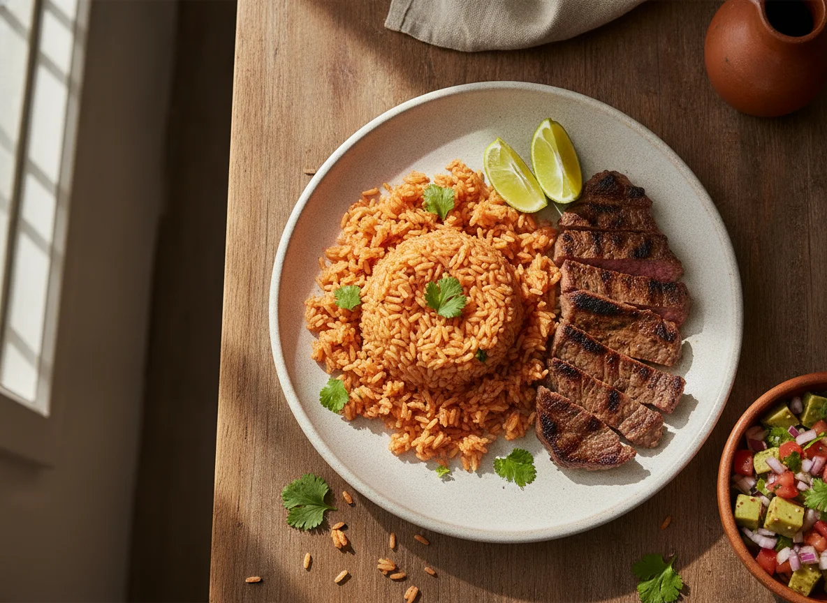 Arroz rojo con carne y ensalada de nopales photo