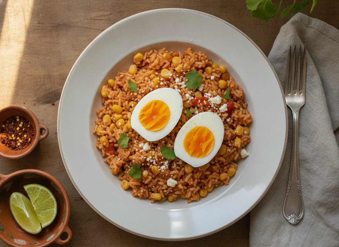 Arroz rojo con elote y huevos cocidos photo
