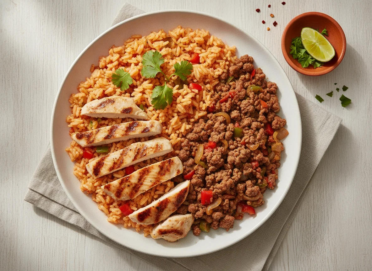 Arroz rojo con fajitas de pollo y carne molida photo