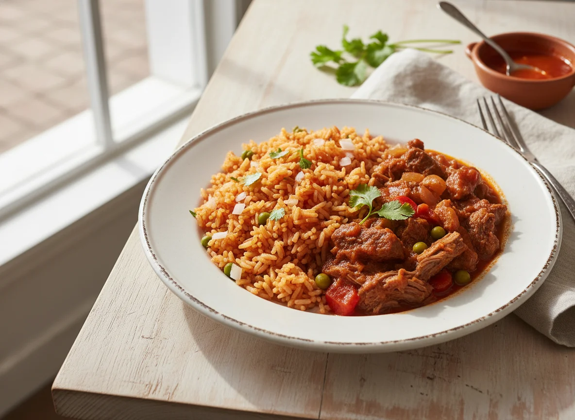 Arroz rojo con guisado de carne de res photo