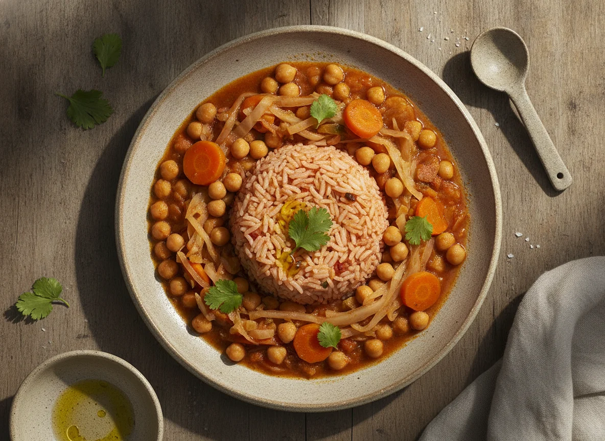 Arroz rojo con guisado de garbanzos y verduras photo