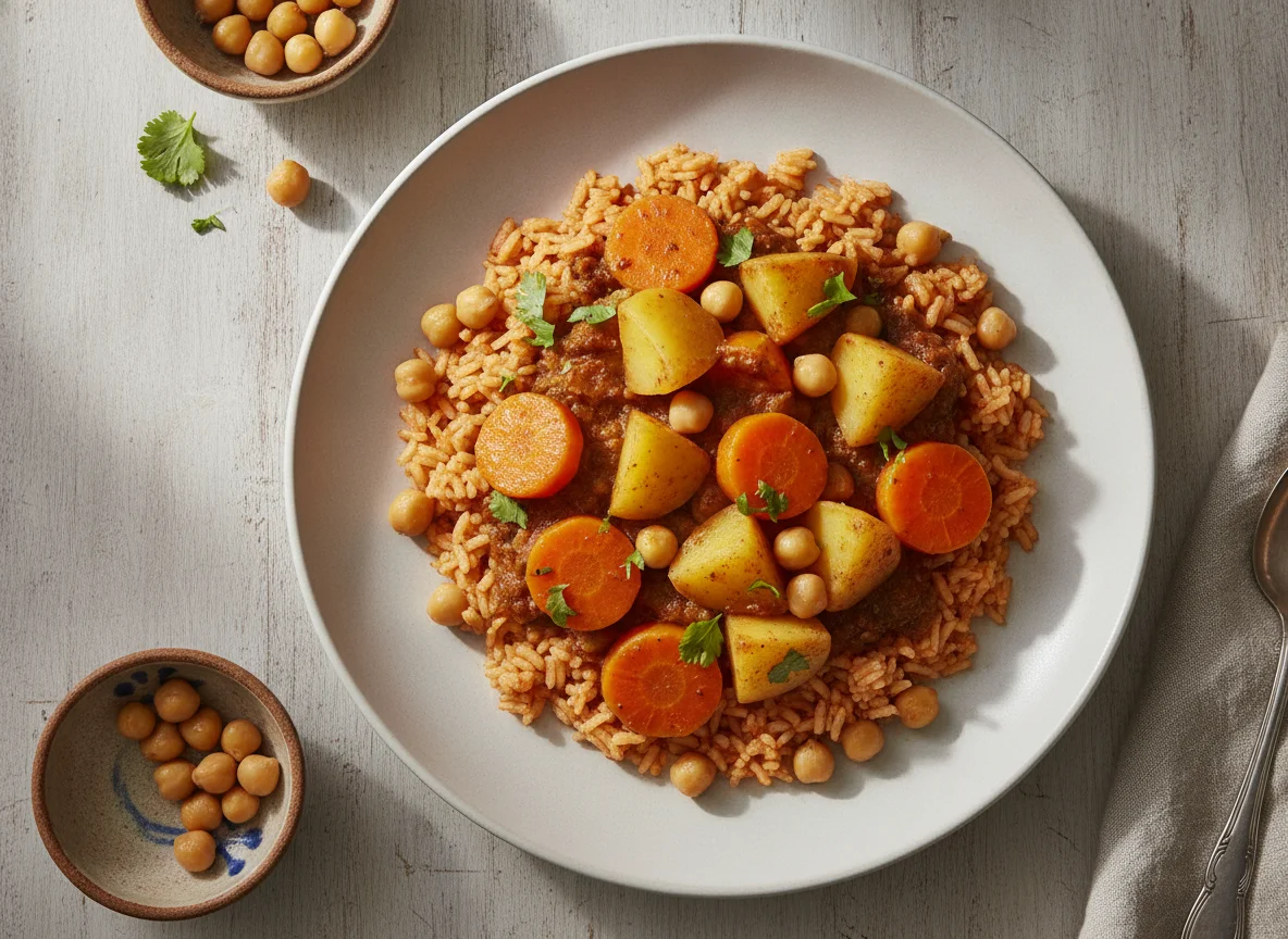 Arroz rojo con guisado de verduras y garbanzos photo
