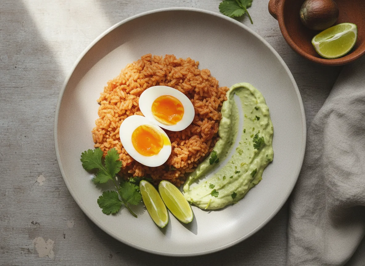Arroz rojo con huevo cocido y salsa de aguacate photo