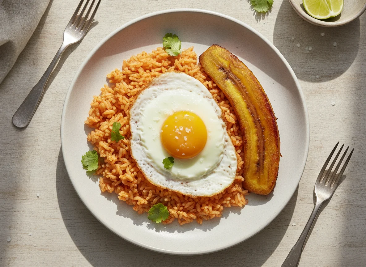 Arroz rojo con huevo frito y plátano photo