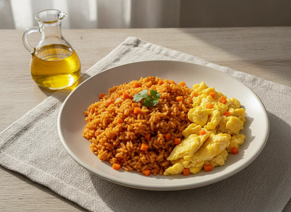 Arroz rojo con huevo revuelto photo