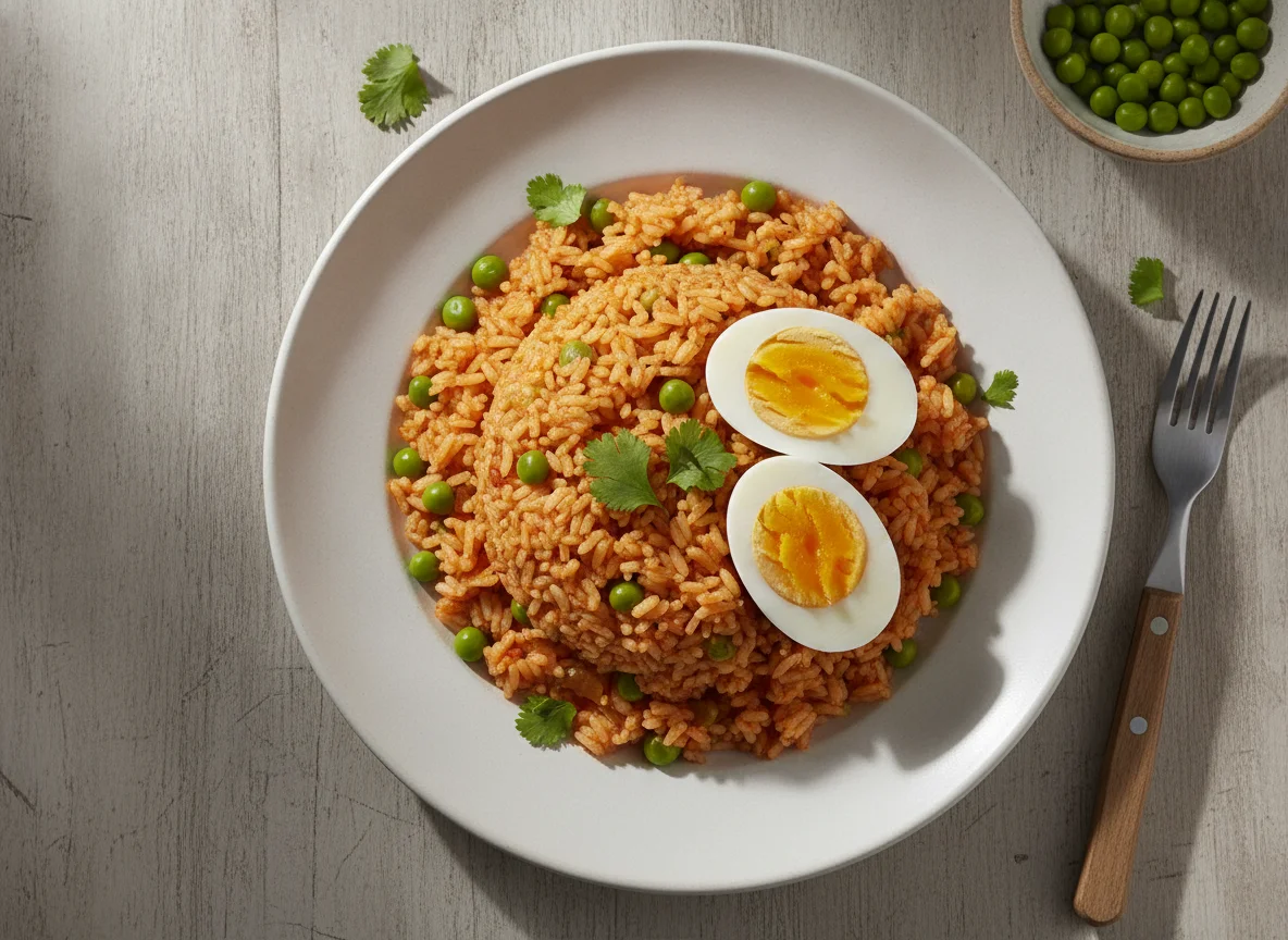 Arroz rojo con huevos cocidos photo