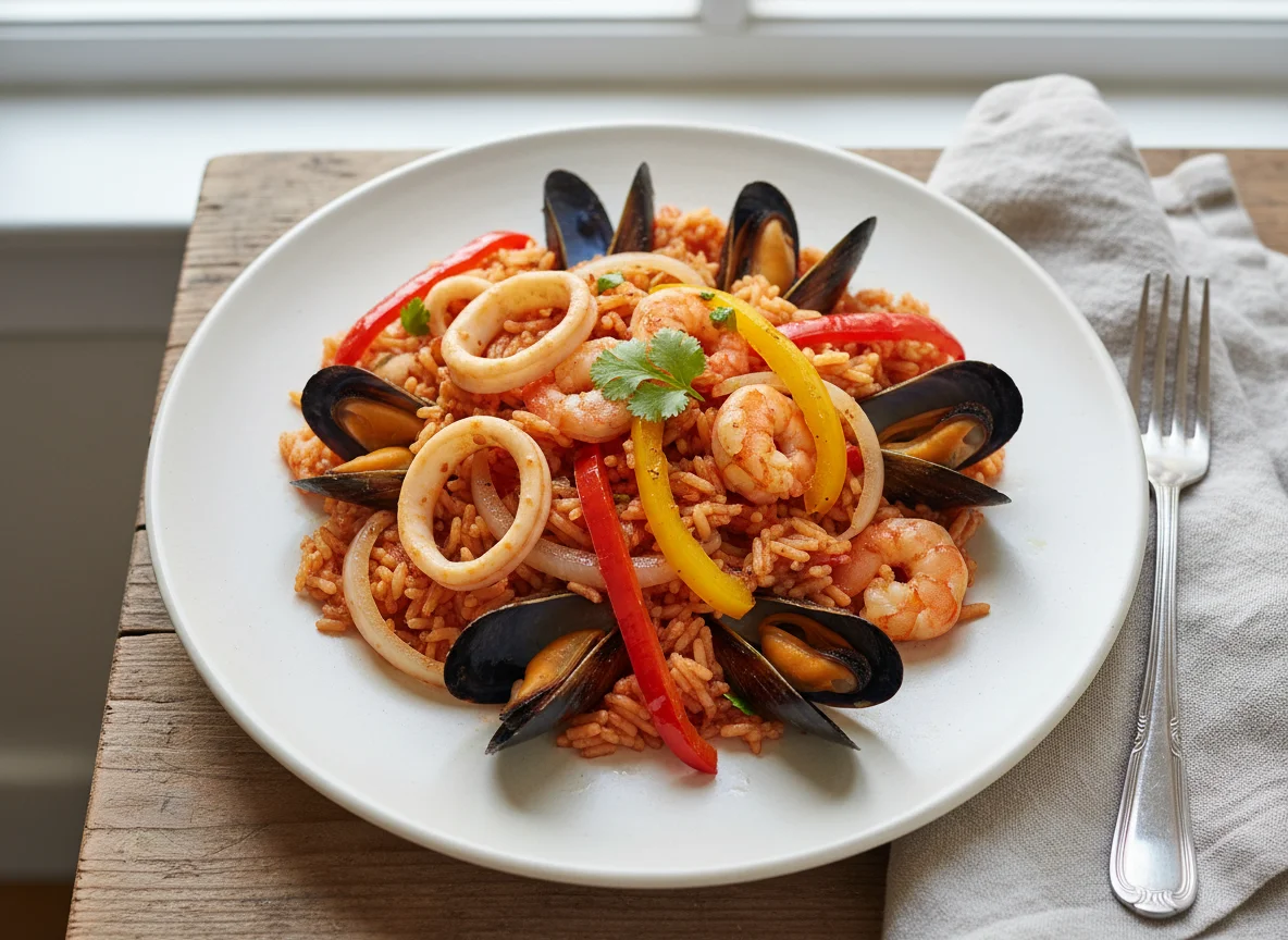 Arroz rojo con mariscos salteados photo
