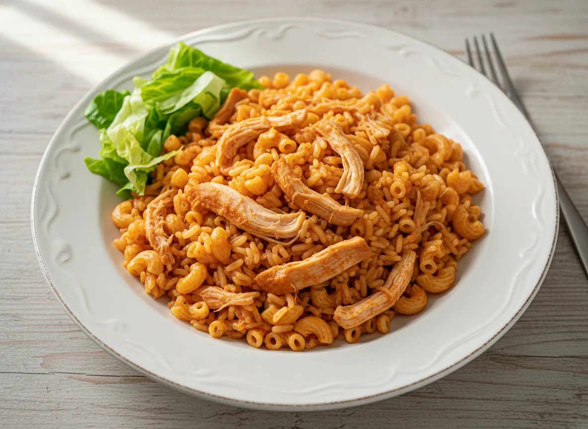 Arroz rojo con pasta y pollo deshebrado photo