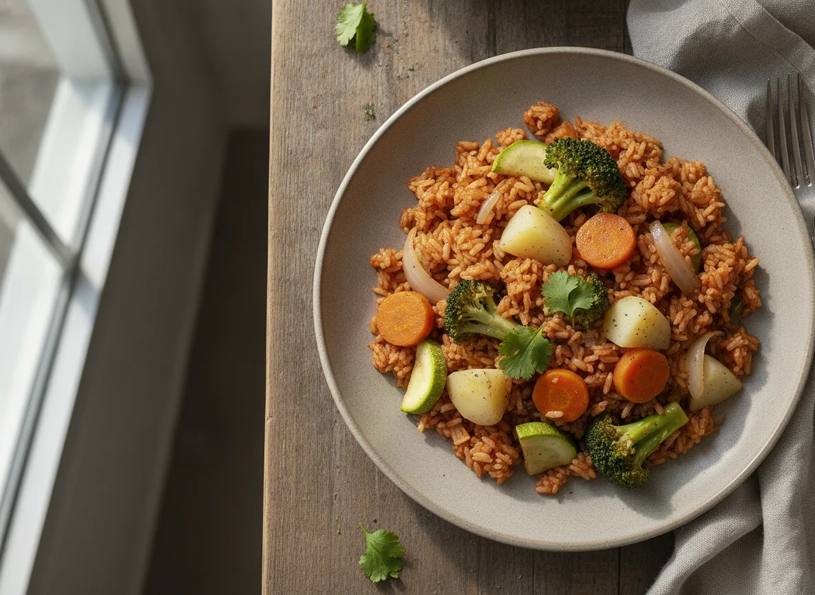 Arroz rojo con verduras al vapor photo