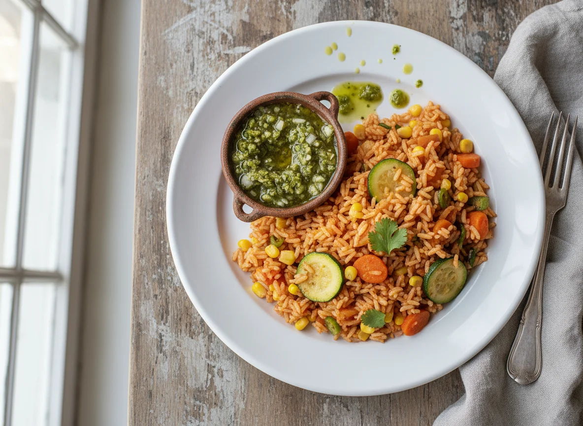 Arroz rojo con verduras y salsa verde photo