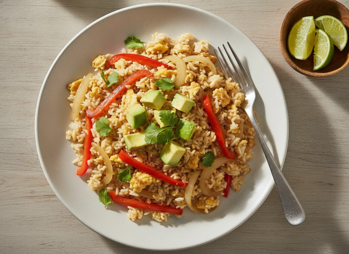 Arroz salteado con palta y vegetales photo