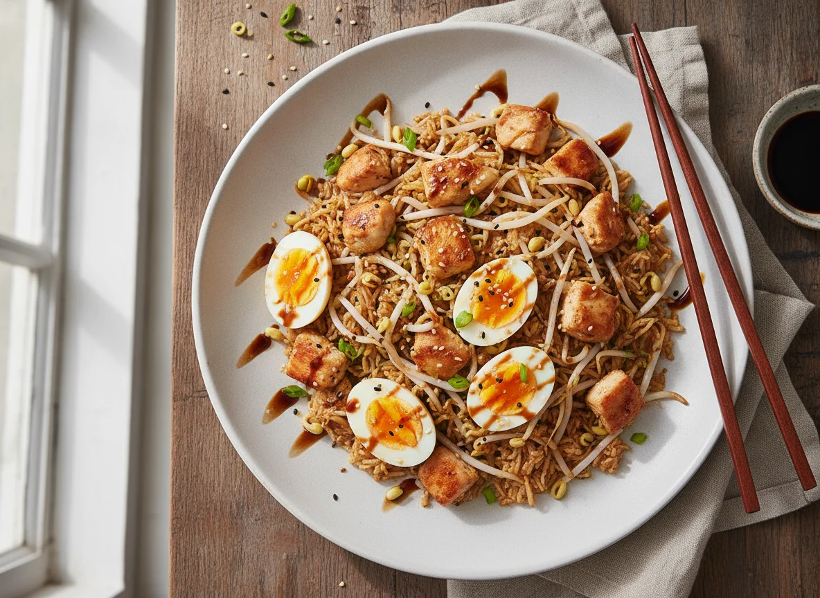 Arroz salteado con pollo, huevo y brotes photo