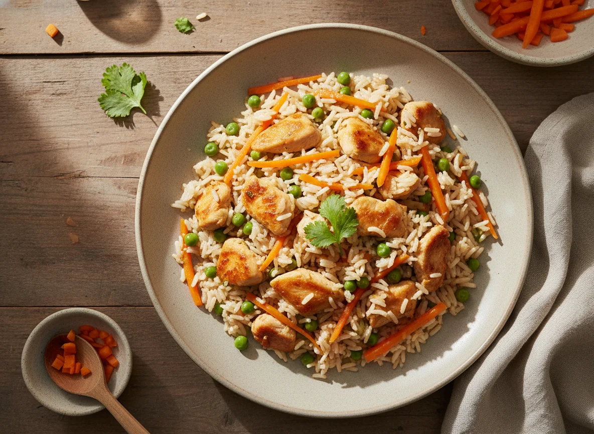 Arroz salteado con pollo y vegetales photo