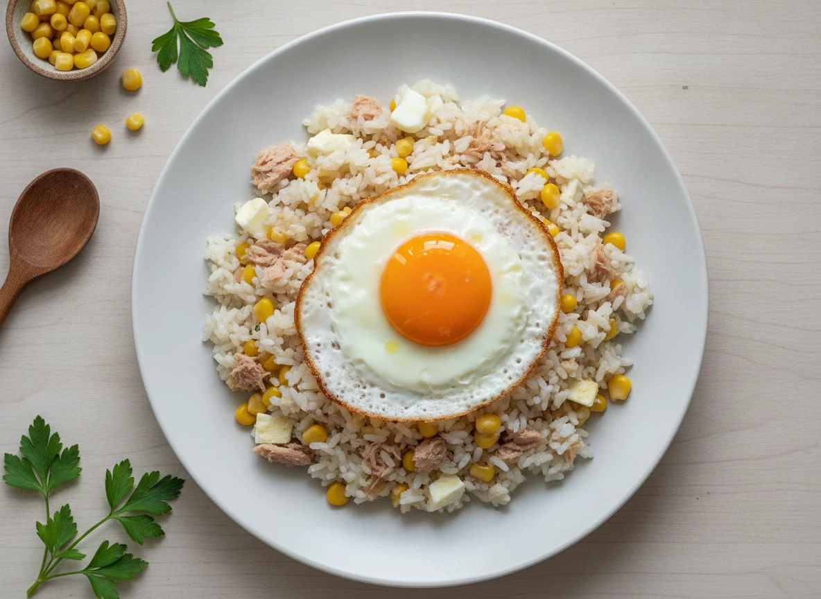 Arroz tres delicias casero con atún y maíz photo