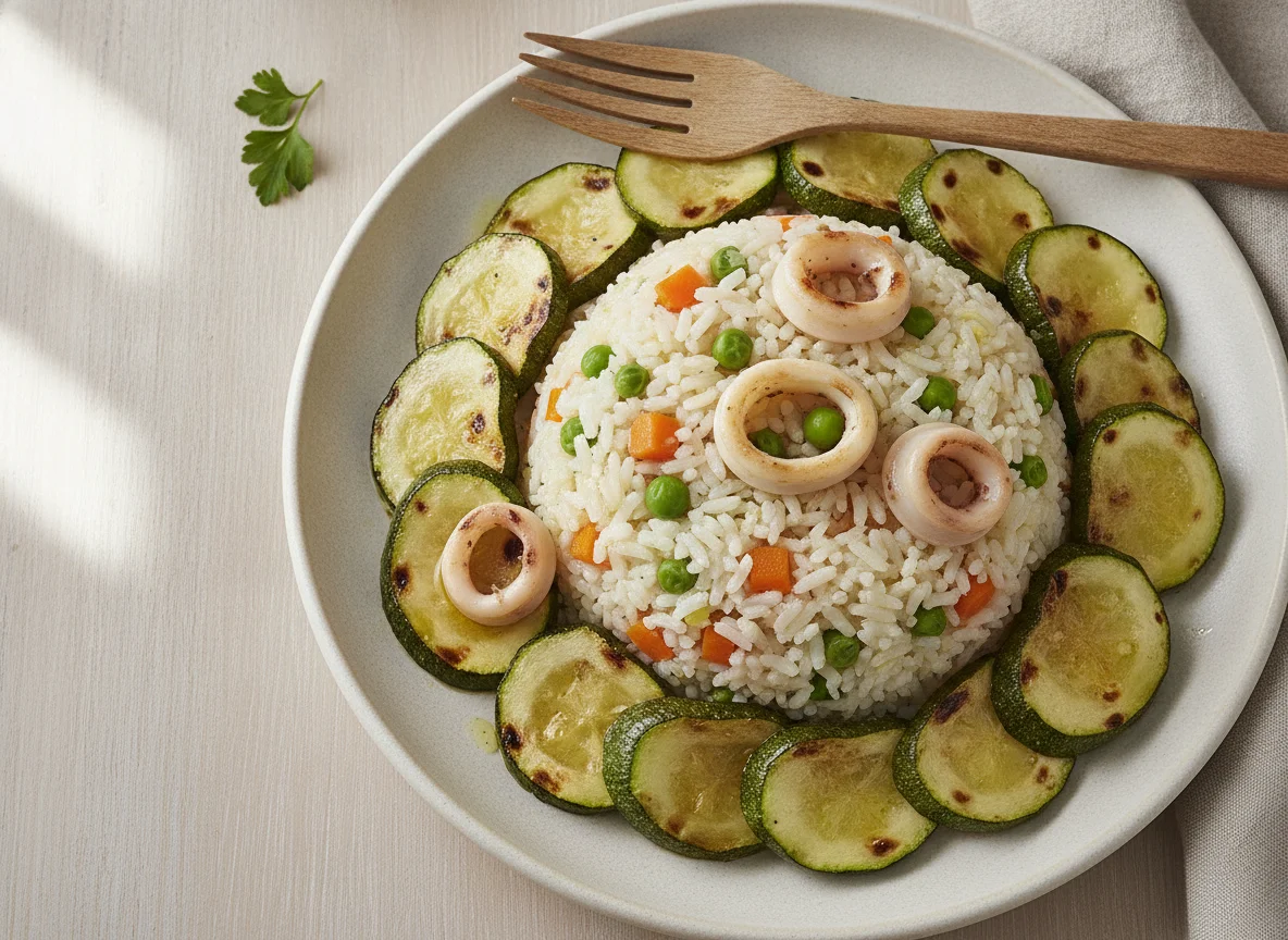 Arroz tres delicias con calamares y calabacín a la plancha photo