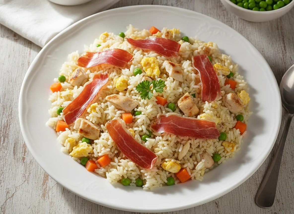 Arroz tres delicias con jamón serrano y pollo photo