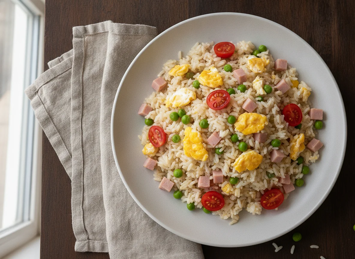 Arroz tres delicias con jamón y tomate photo
