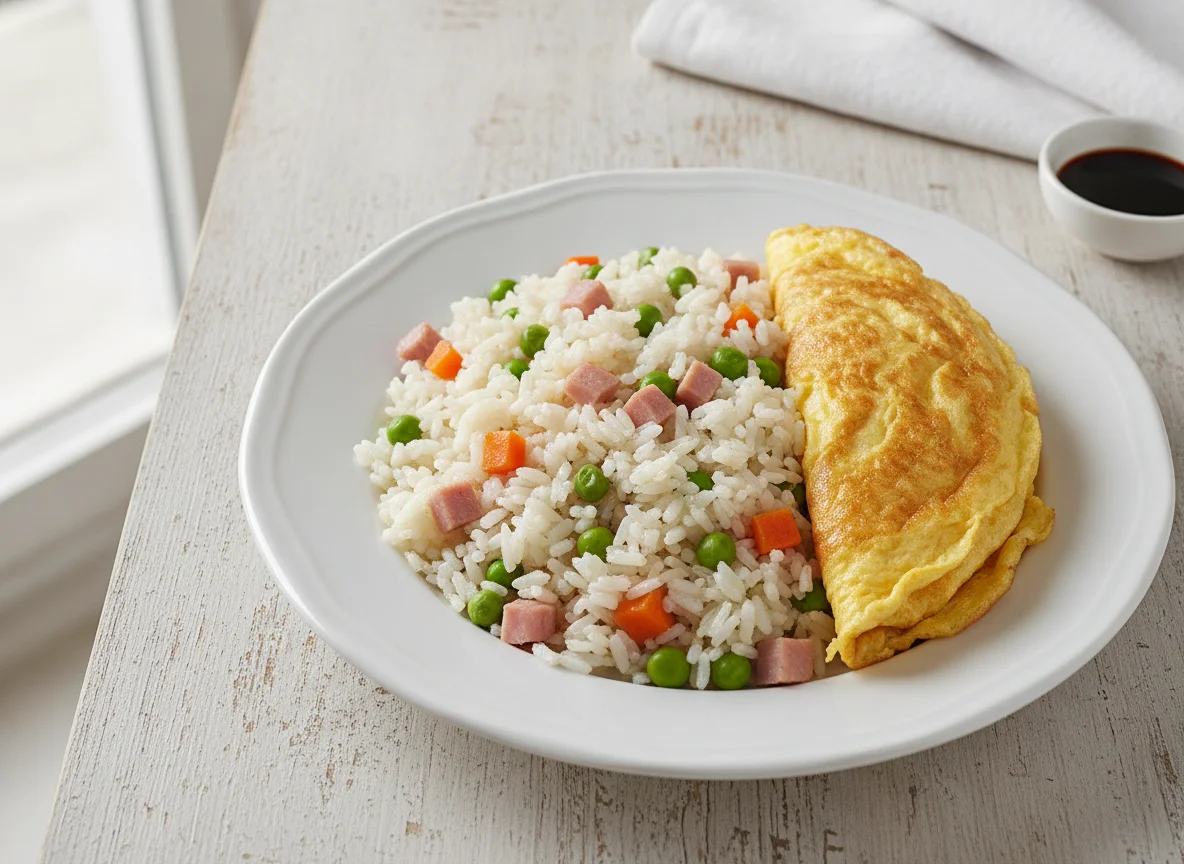 Arroz tres delicias con tortilla francesa photo