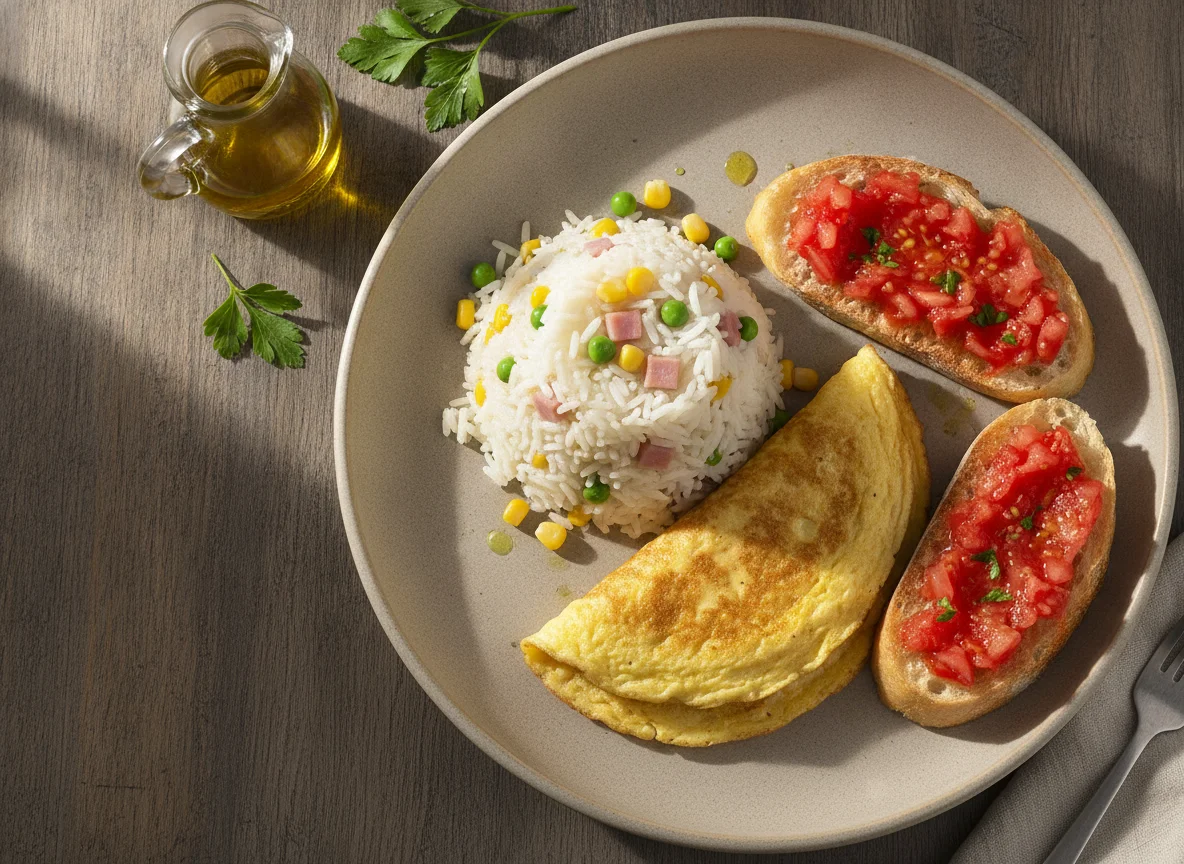 Arroz tres delicias con tortilla y pan con tomate photo