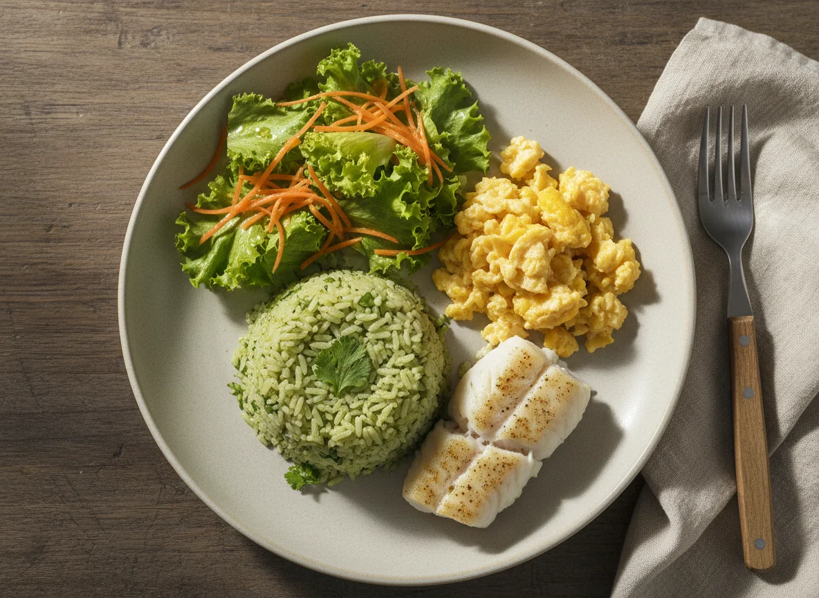 Arroz verde con pescado, huevo revuelto y ensalada photo