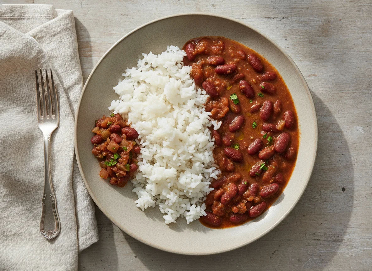 Arroz y frijoles con salsa photo