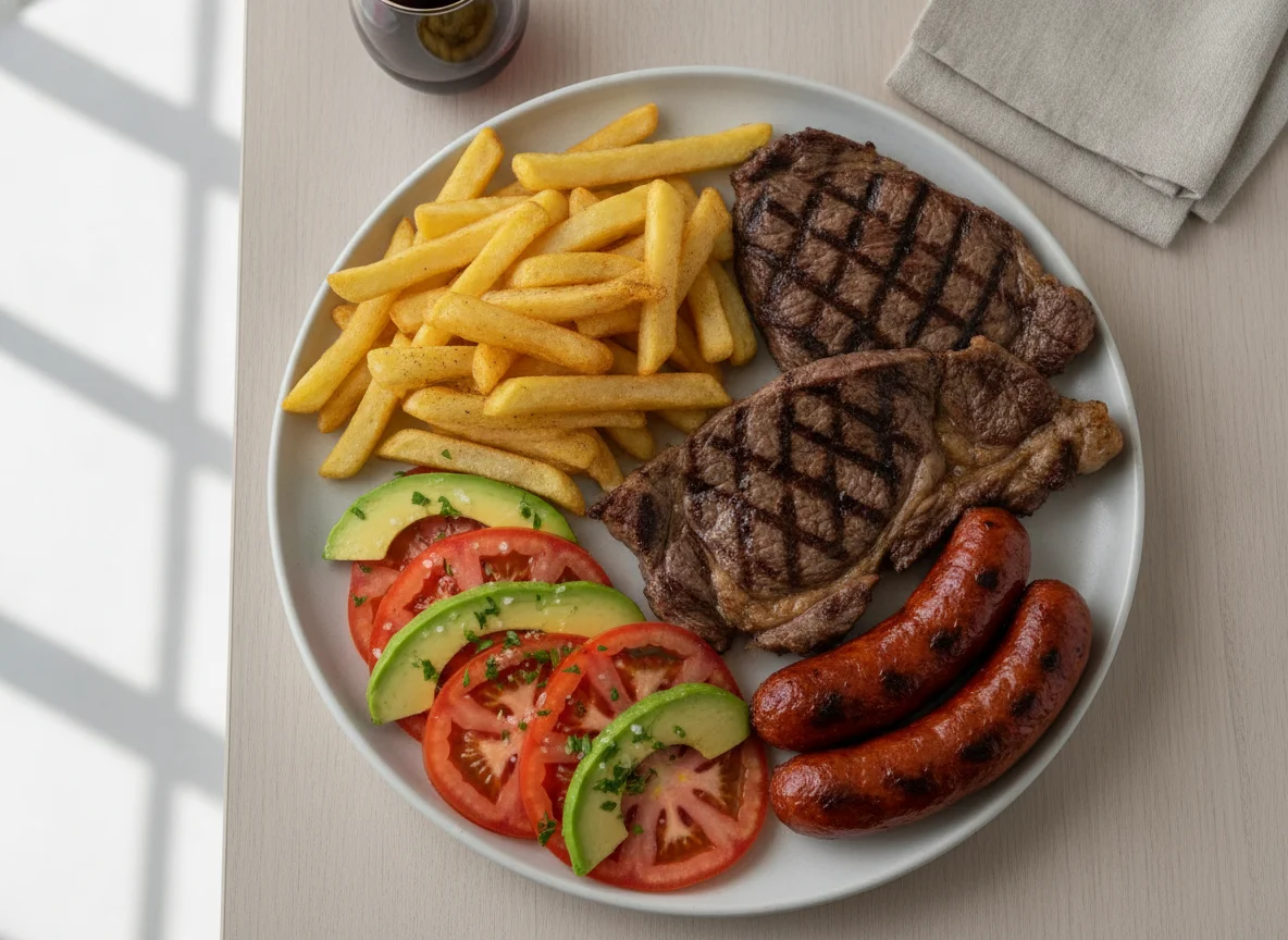 Asado chileno con ensalada a la chilena y papas fritas photo