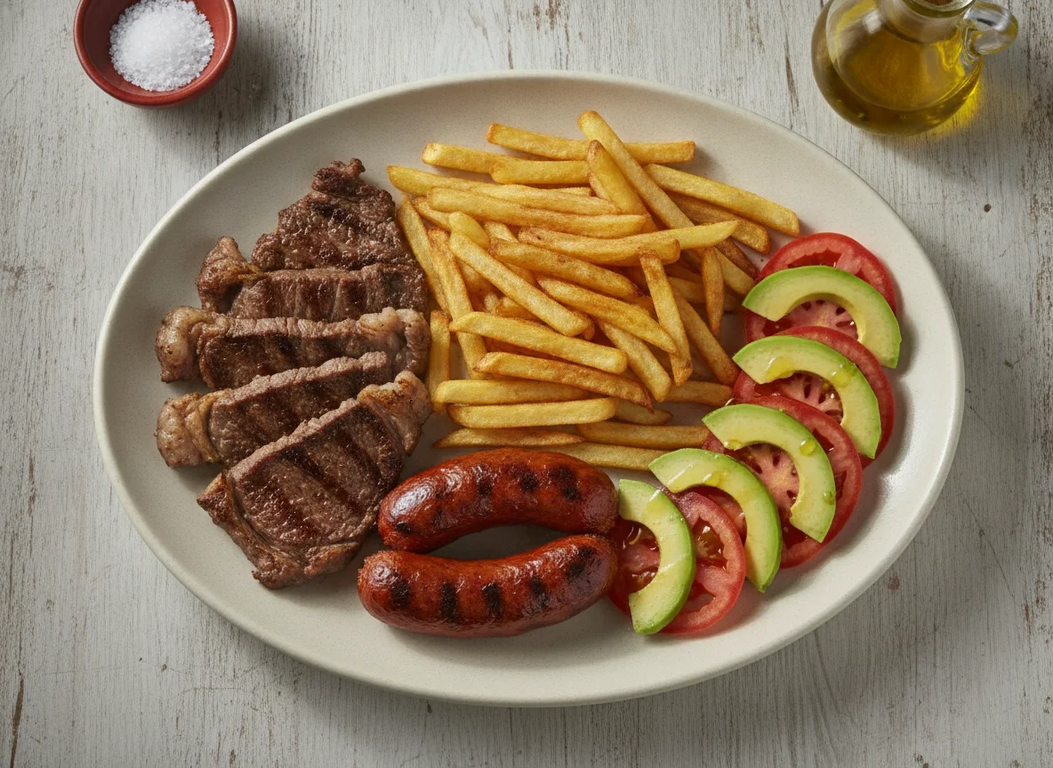 Asado chileno con papas fritas y ensalada chilena photo