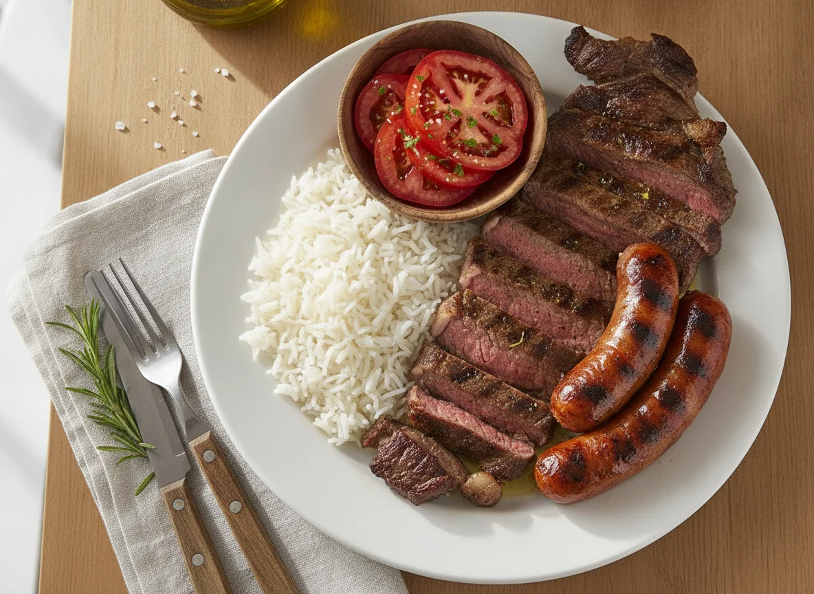 Asado con arroz y ensalada de tomate photo