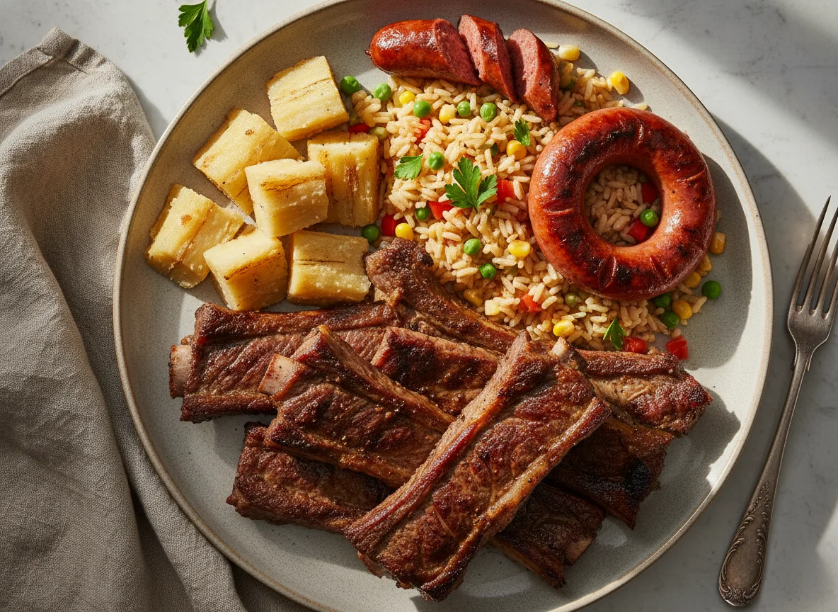 Asado con arroz y mandioca photo