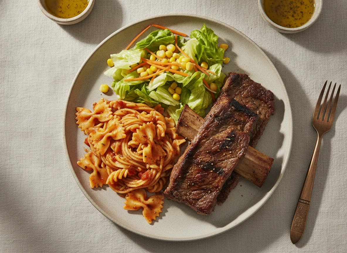 Asado con ensalada mixta y pasta photo
