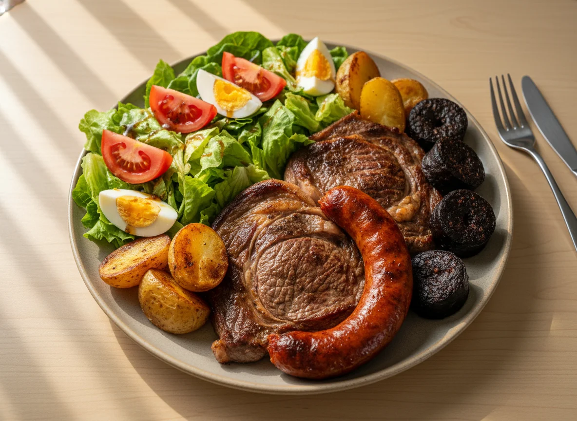 Asado con ensalada y achuras photo