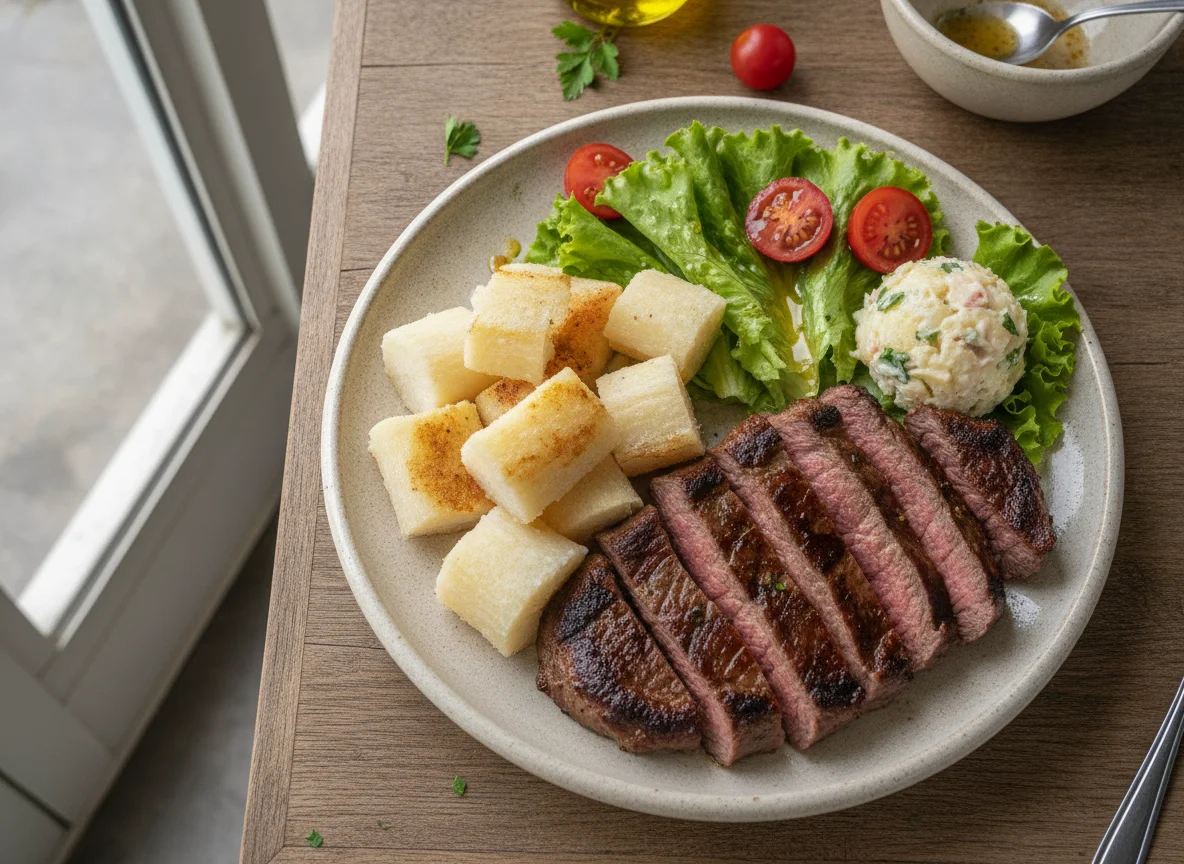 Asado con ensalada y mandioca photo