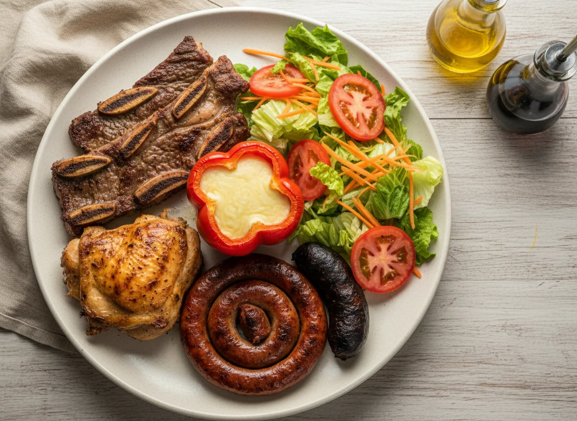 Asado con ensalada y morrón relleno photo