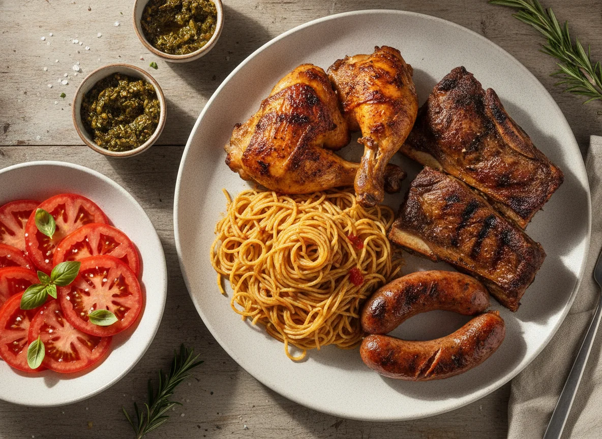 Asado con fideos y ensalada de tomate photo