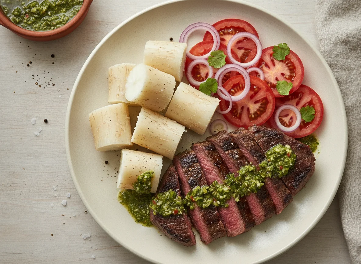 Asado con mandioca y ensalada de tomate photo