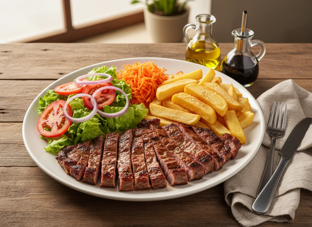 Asado con papas fritas y ensalada photo