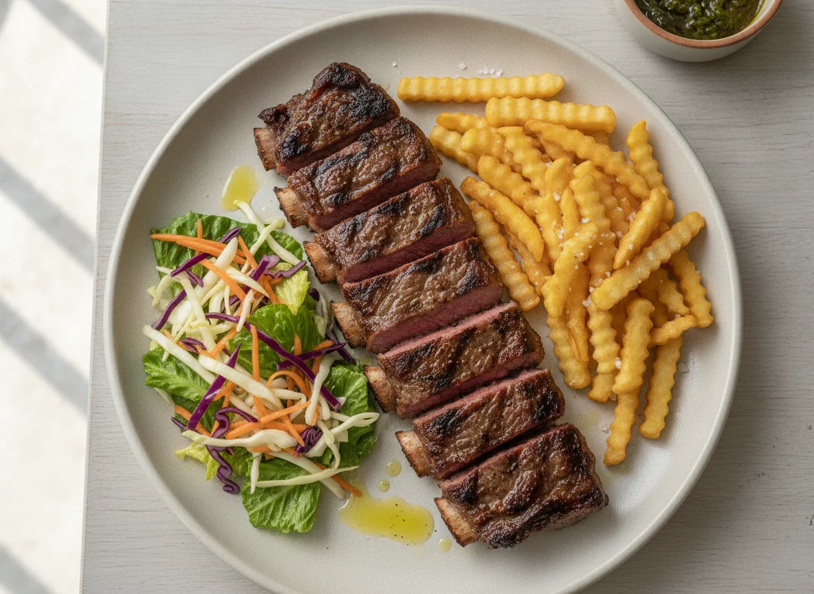 Asado con papas fritas y ensalada mixta photo