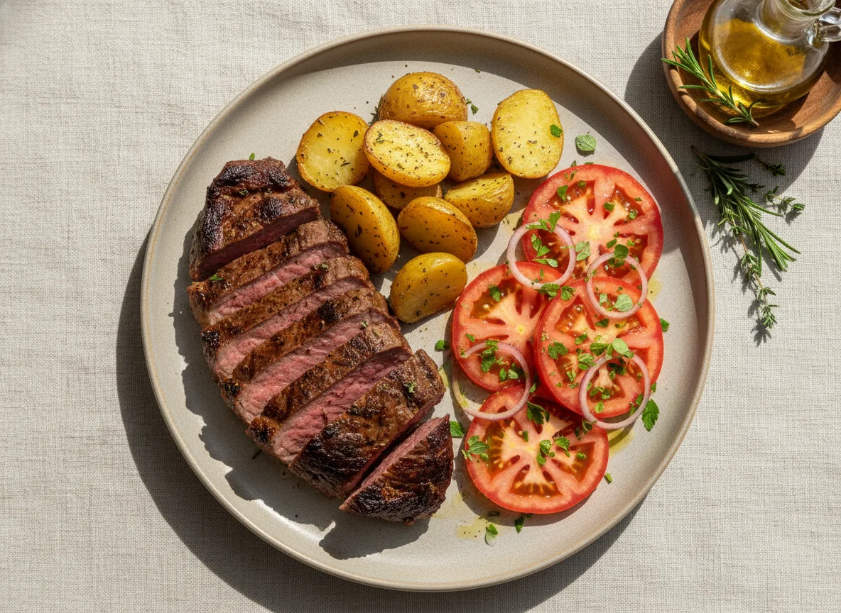 Asado con papas y ensalada de tomate photo