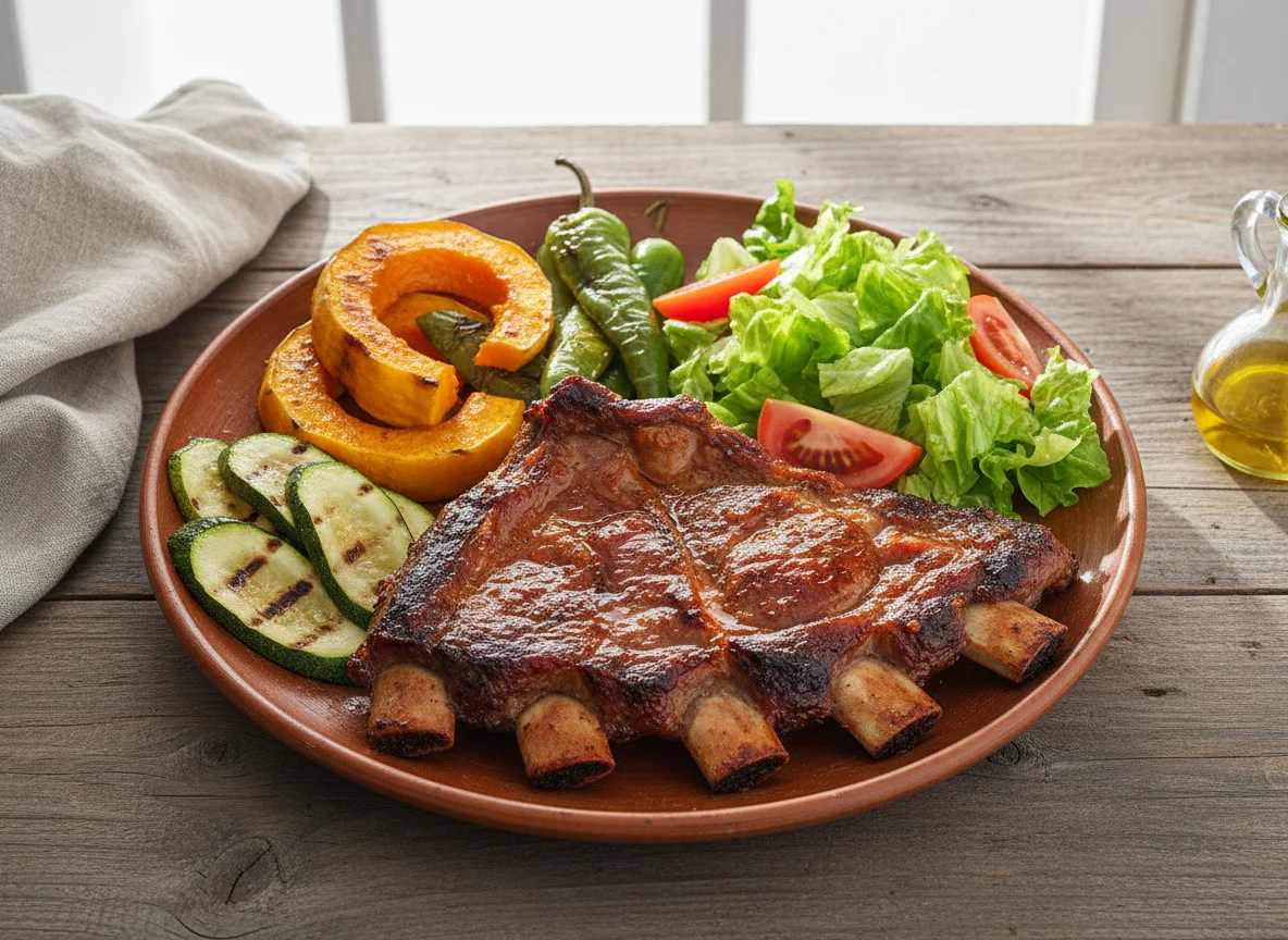 Asado con vegetales y ensalada photo