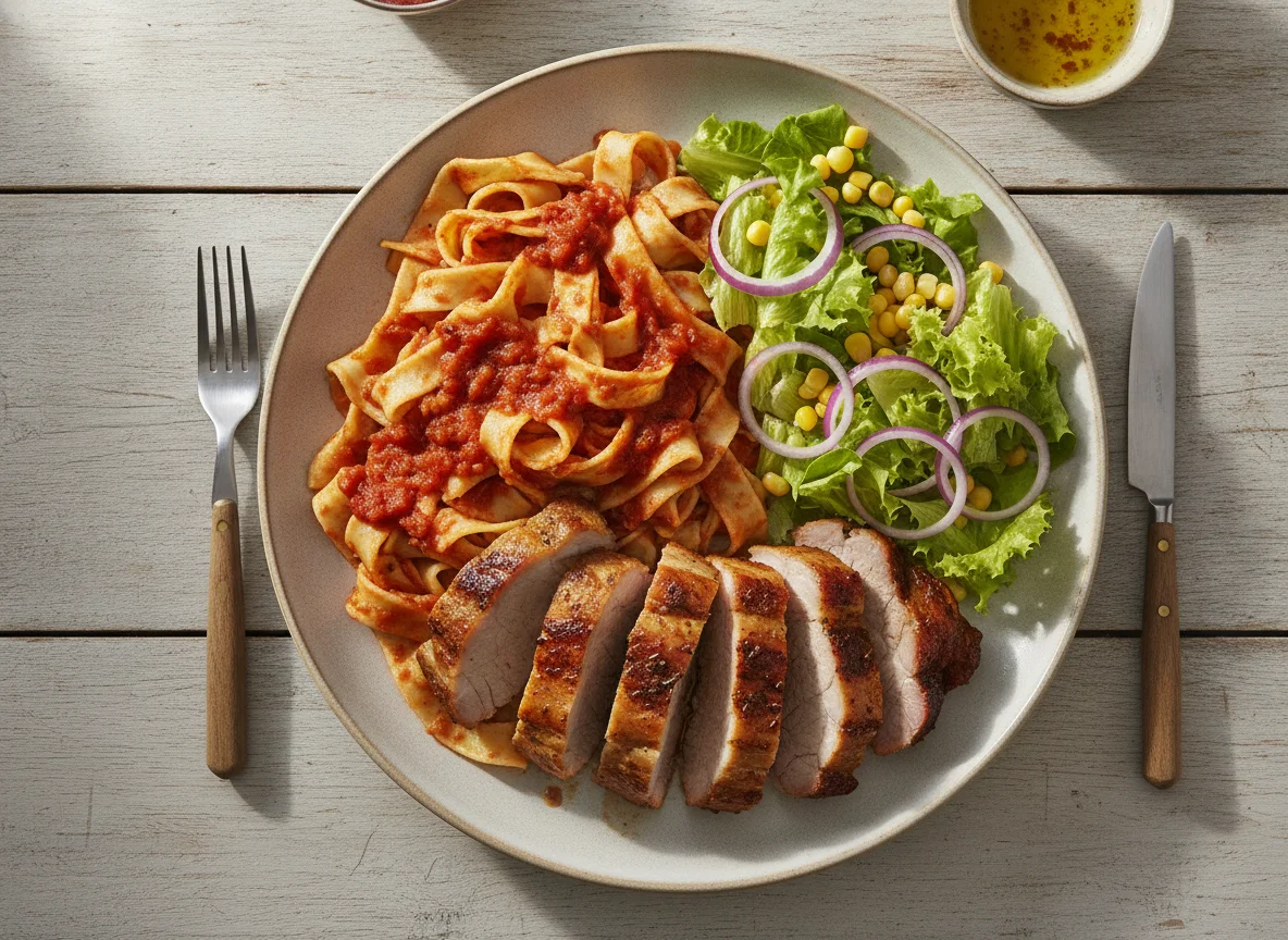 Asado de cerdo con fideos y ensalada photo