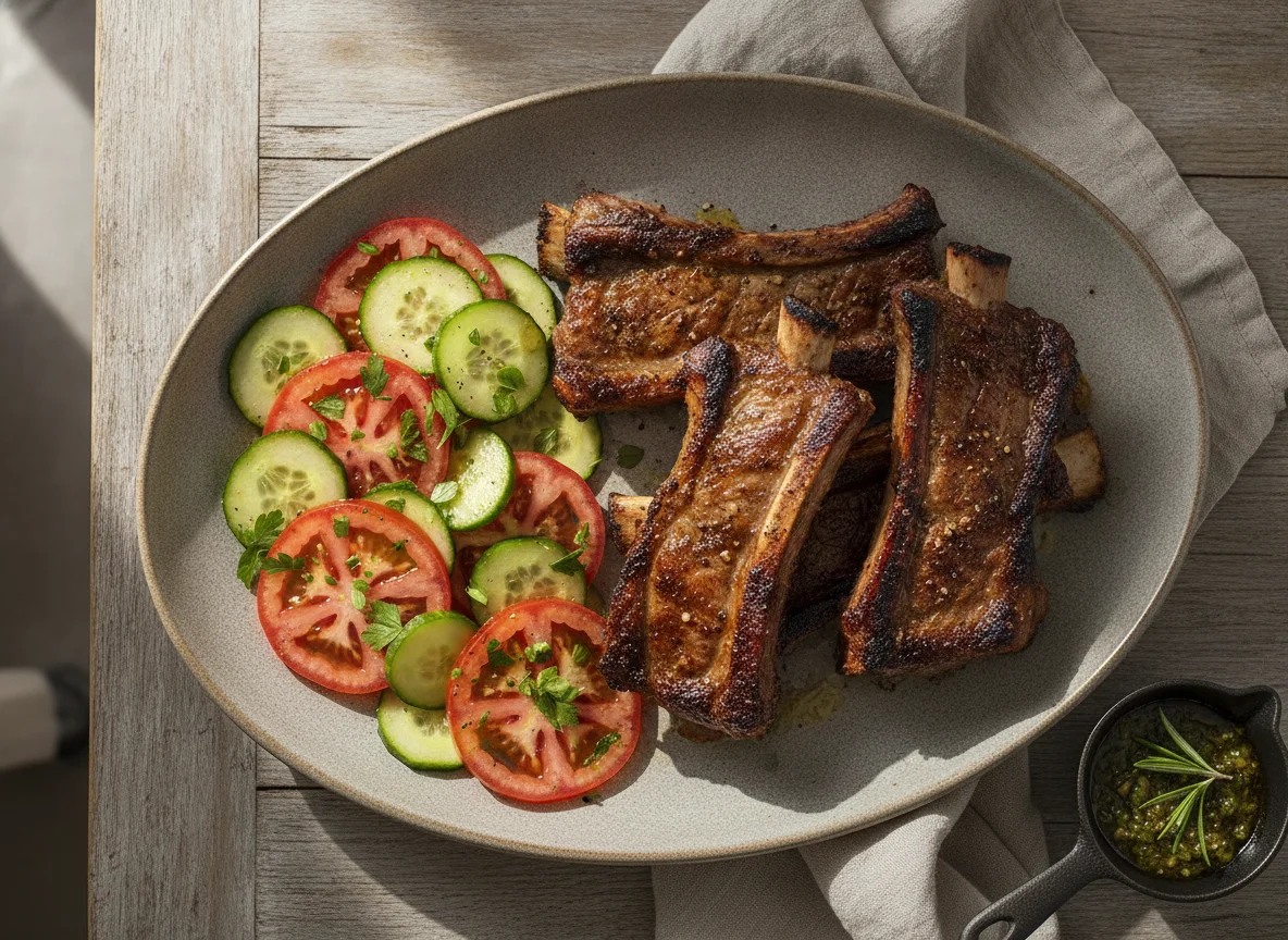 Asado de tira con ensalada de tomate y pepino photo