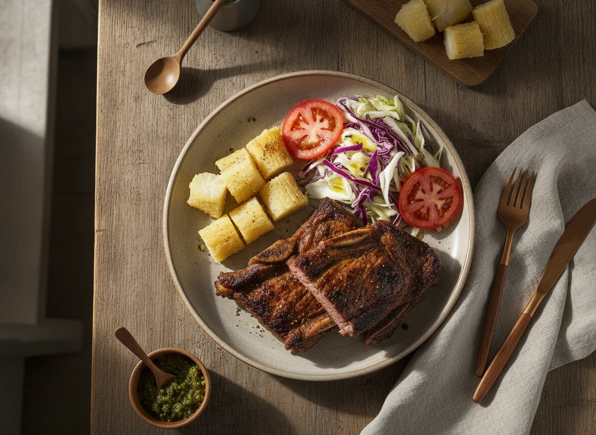 Asado paraguayo con mandioca y ensalada photo