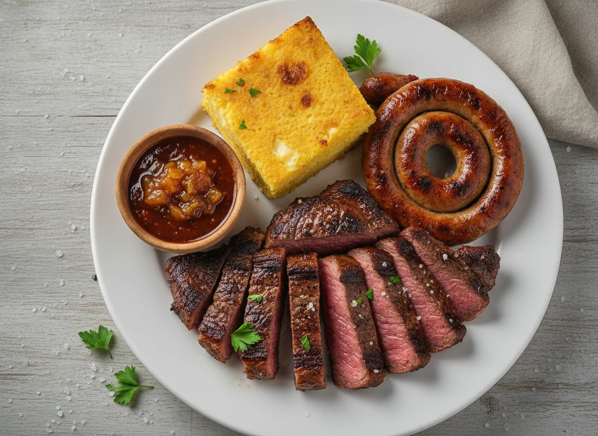 Asado paraguayo con sopa paraguaya y chorizo photo