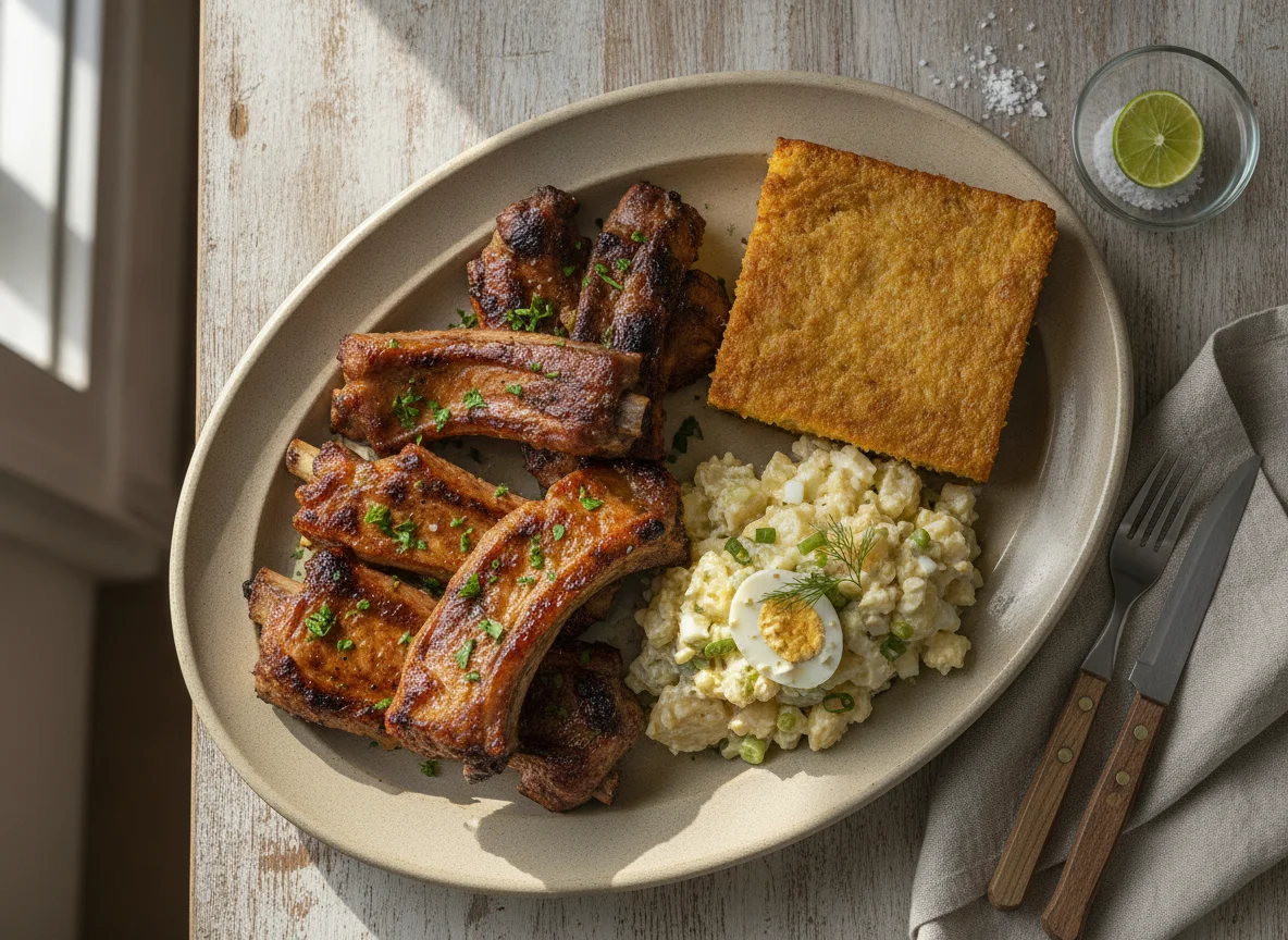 Asado paraguayo con sopa paraguaya y ensalada de papa photo