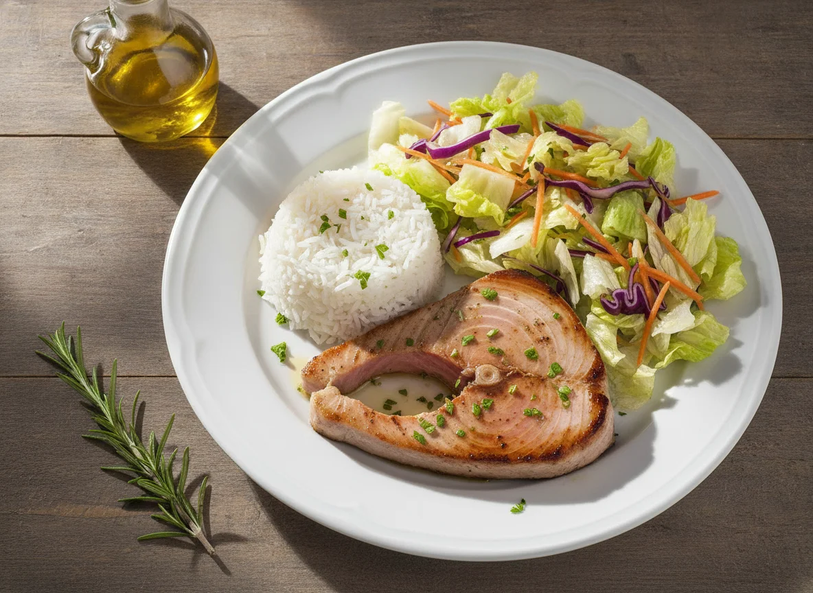 Atún a la plancha con arroz y ensalada photo